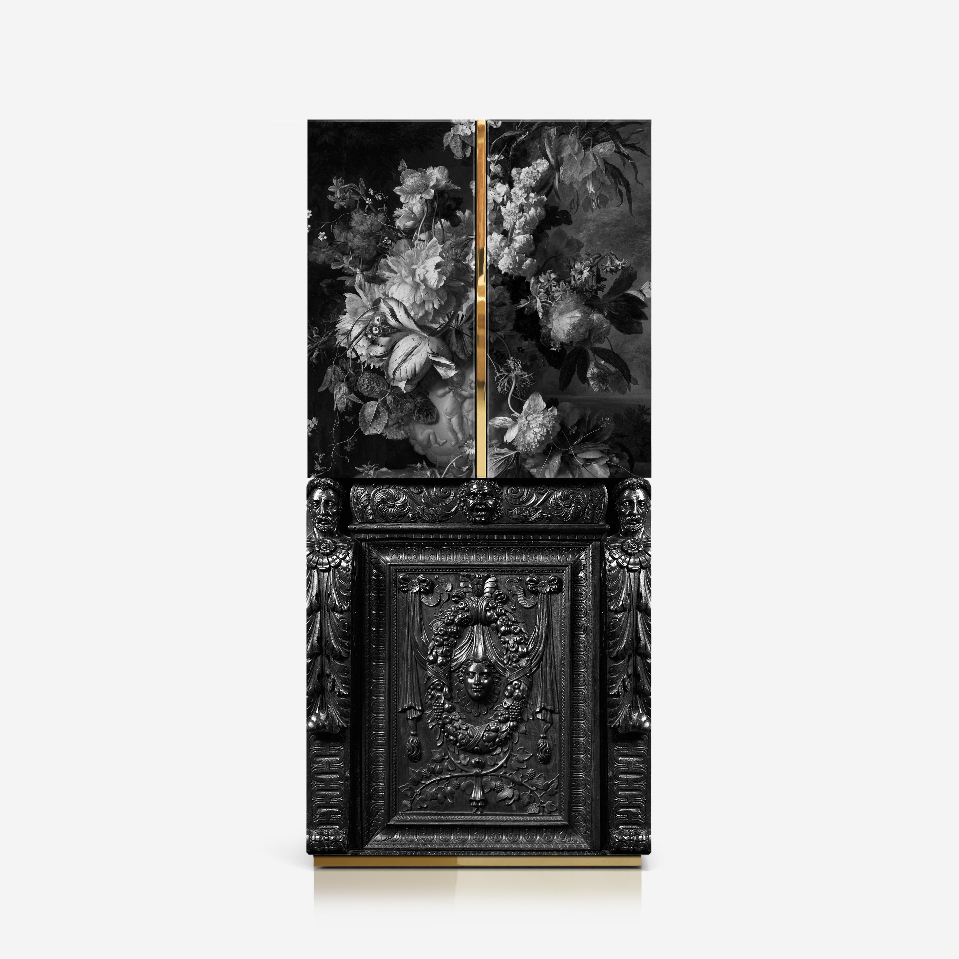 Hekla Property Minerva Drink Cabinet hand-carved solid wood with UV-printed floral artwork.