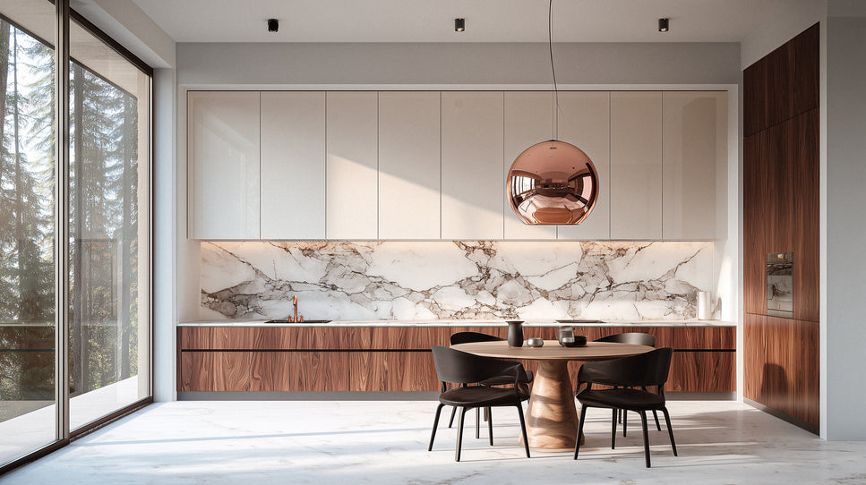 Modern kitchen with marble backsplash and wooden dining table