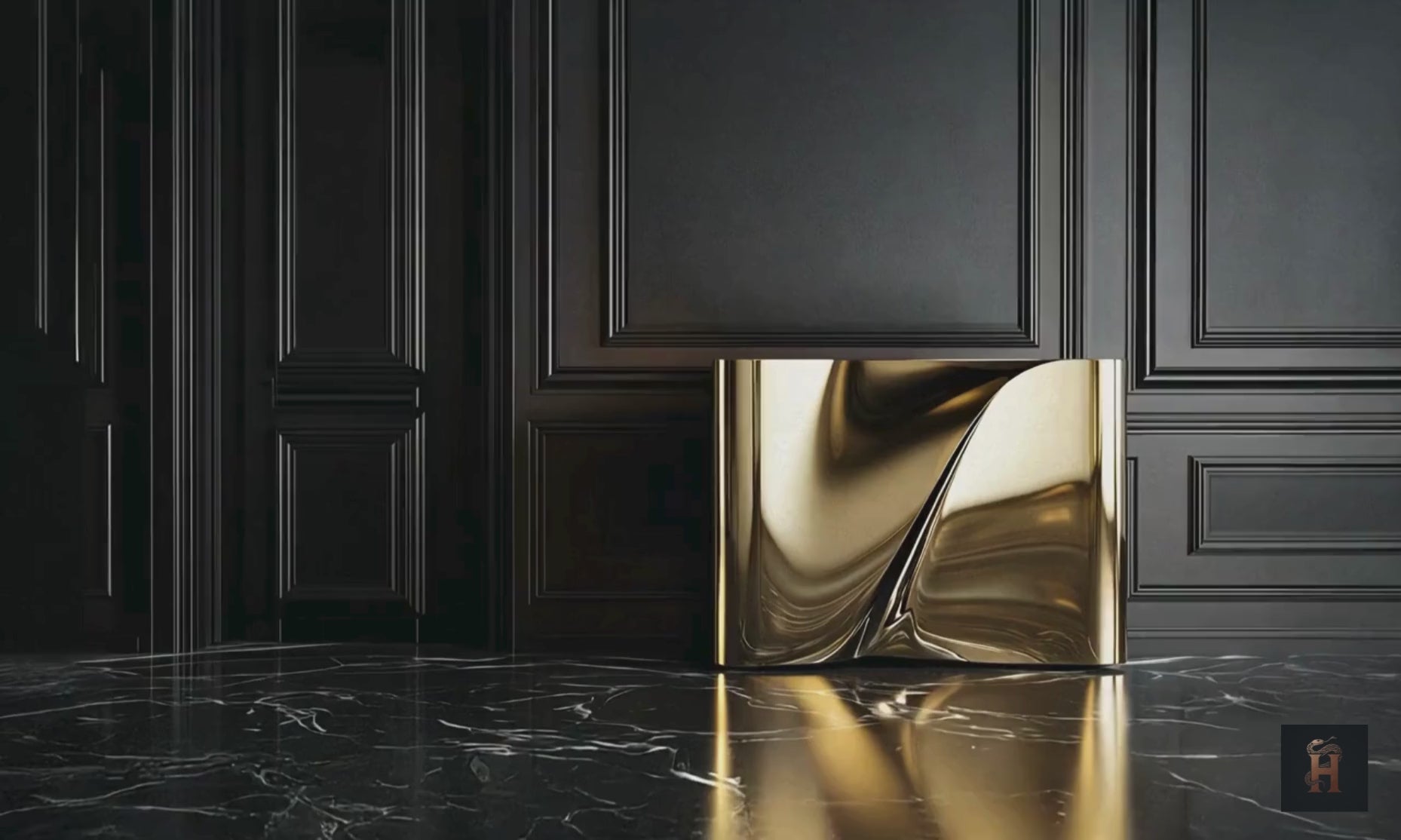 Handcrafted golden console table with fluid organic form and mirror-like finish.