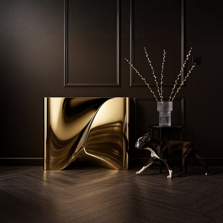 Luxury modern console table in high-gloss gold metal surface reflecting light elegantly.