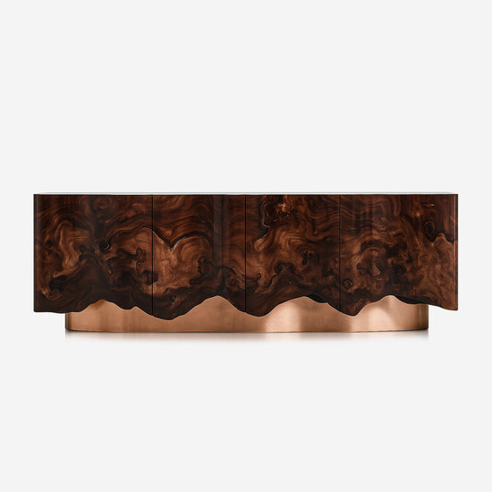 Luxury sideboard in walnut burl and copper base on white background, designed by Hekla Property.